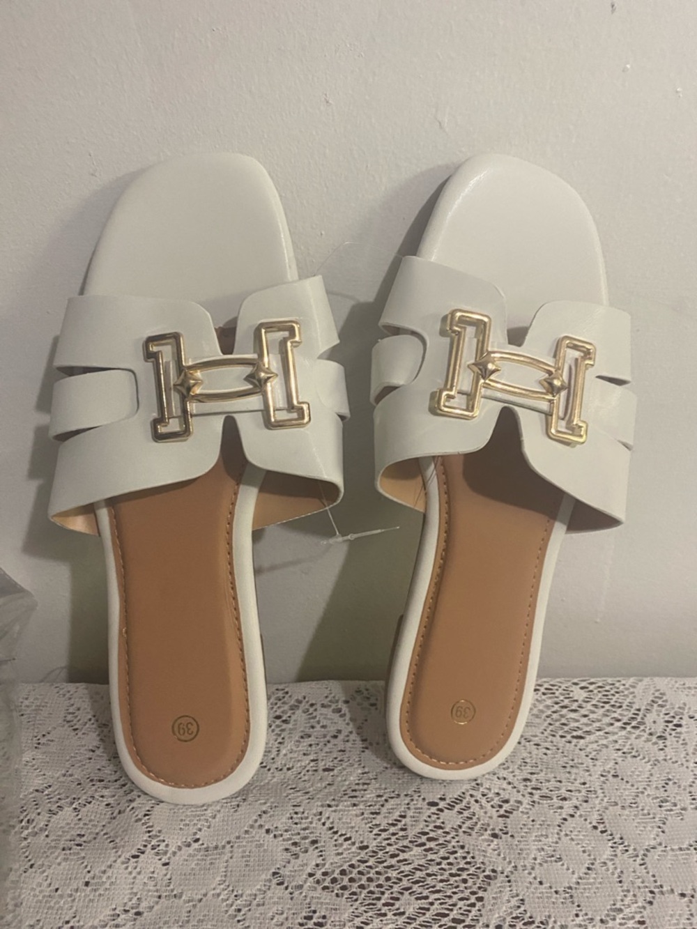 White Slide Mules with Gold H-Link Accent